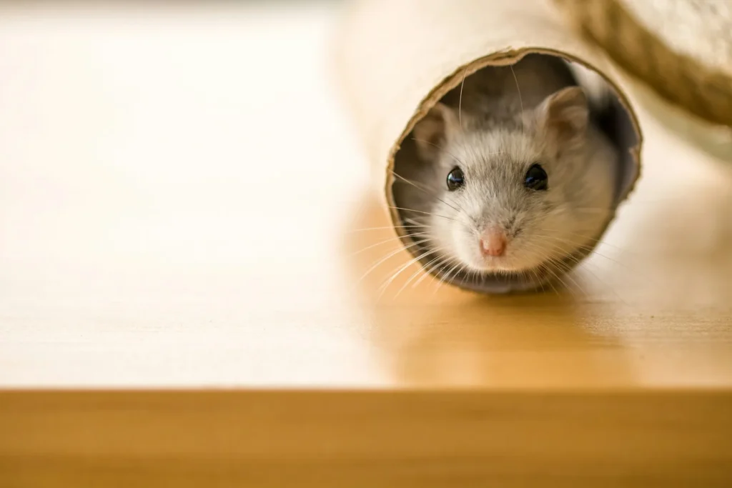 A small gray and white hamster is peeking out of a cardboard tube.